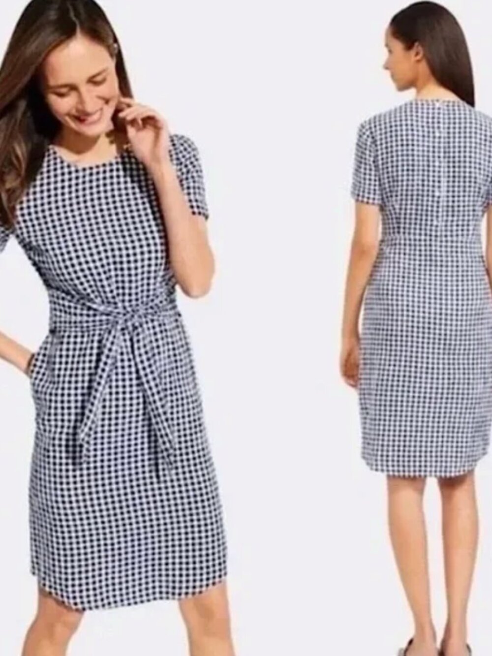J McLaughlin Sadie Gingham Dress 14 NWT Navy White Linen Tie Waist Short Sleeve